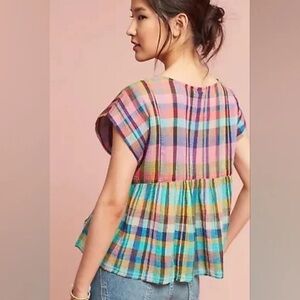 Anthropologie Holding Horses Green and Pink Cap Sleeve Boxy Blouse